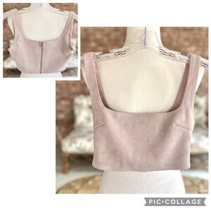 Salty Cropped Blush Pink Faux Suede Zipper Back Top S Sleeveless Square Neck S